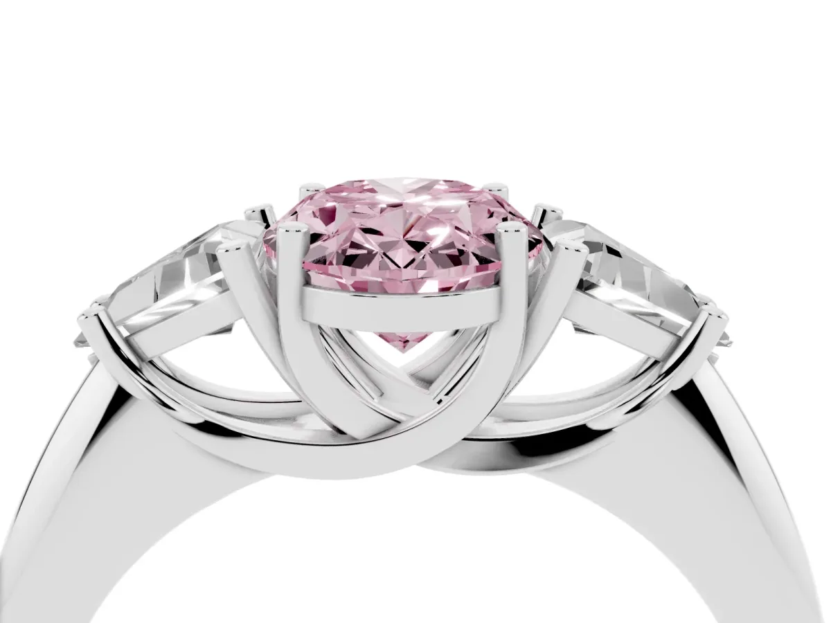 Fancy Pink Three-Stone Oval Cut Diamond Engagement Ring with Trillion Side Stones and Prong Setting Silver