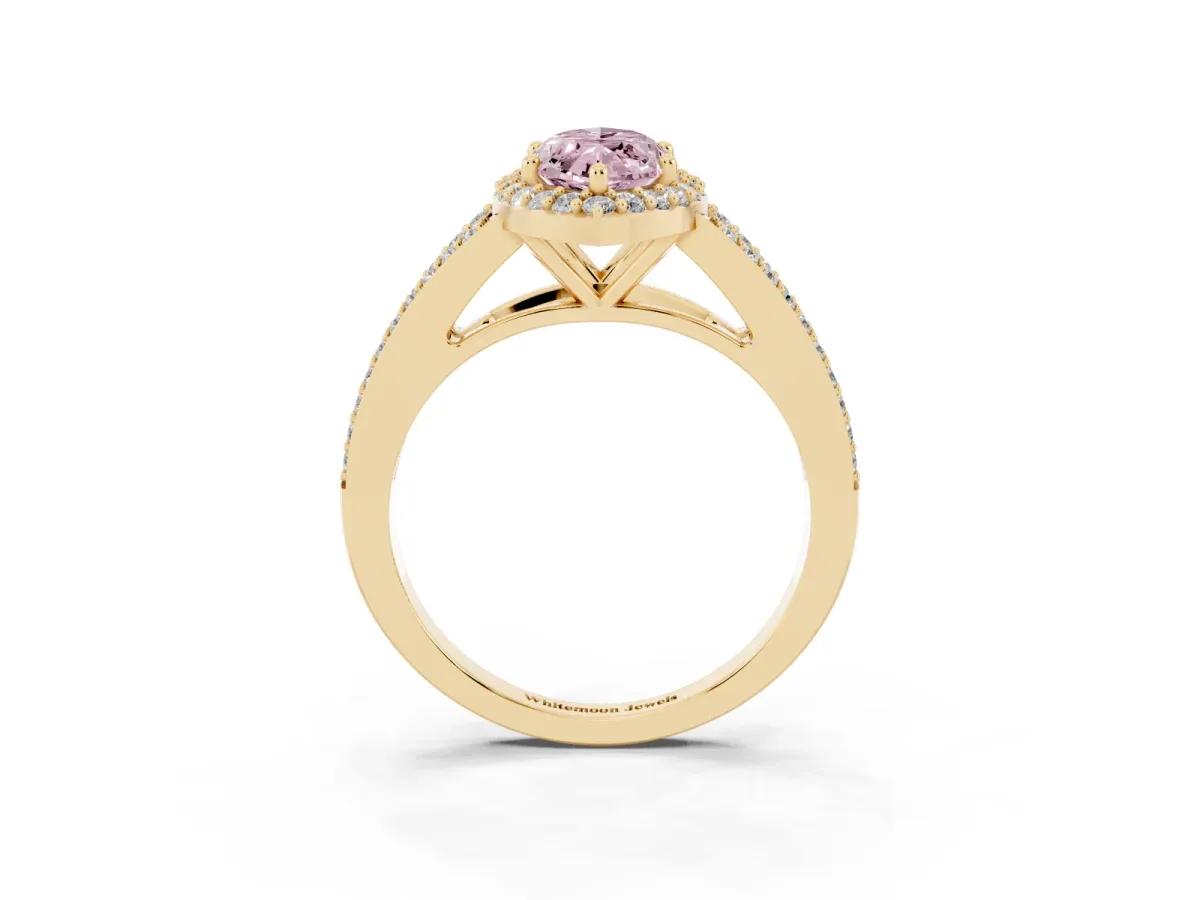 Fancy Pink Marquise Cut Halo Split Shank Diamond Ring with Prong Setting Yellow gold