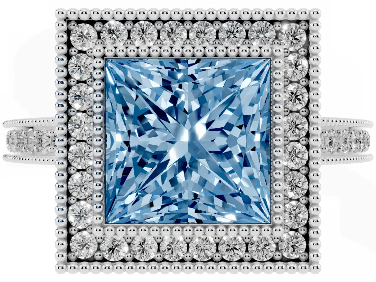 Fancy Blue Princess Cut Cut Halo Diamond Ring with Pavé Band and Milgrain Prong Setting Platinum