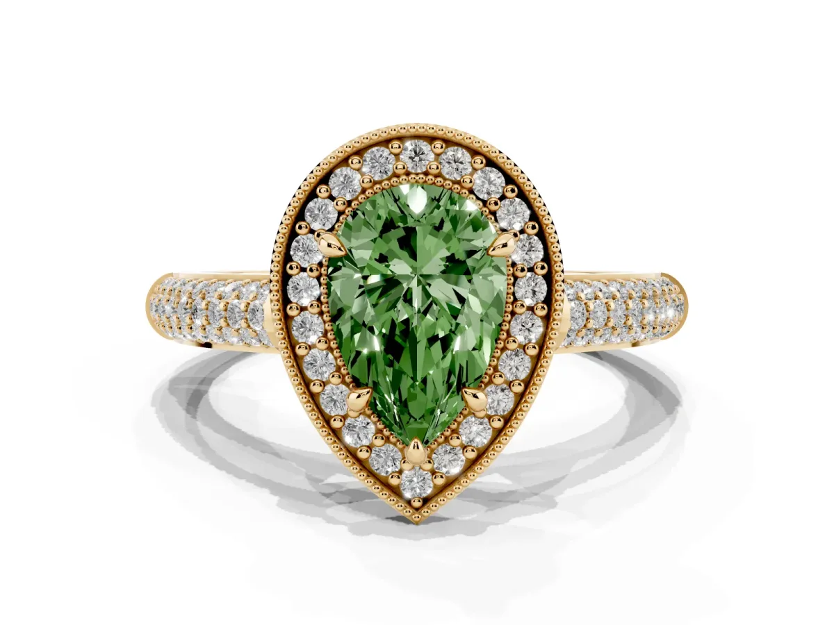 Fancy Green Pear Cut Cut Halo Diamond Pave Band with Four-Prong Setting Yellow gold