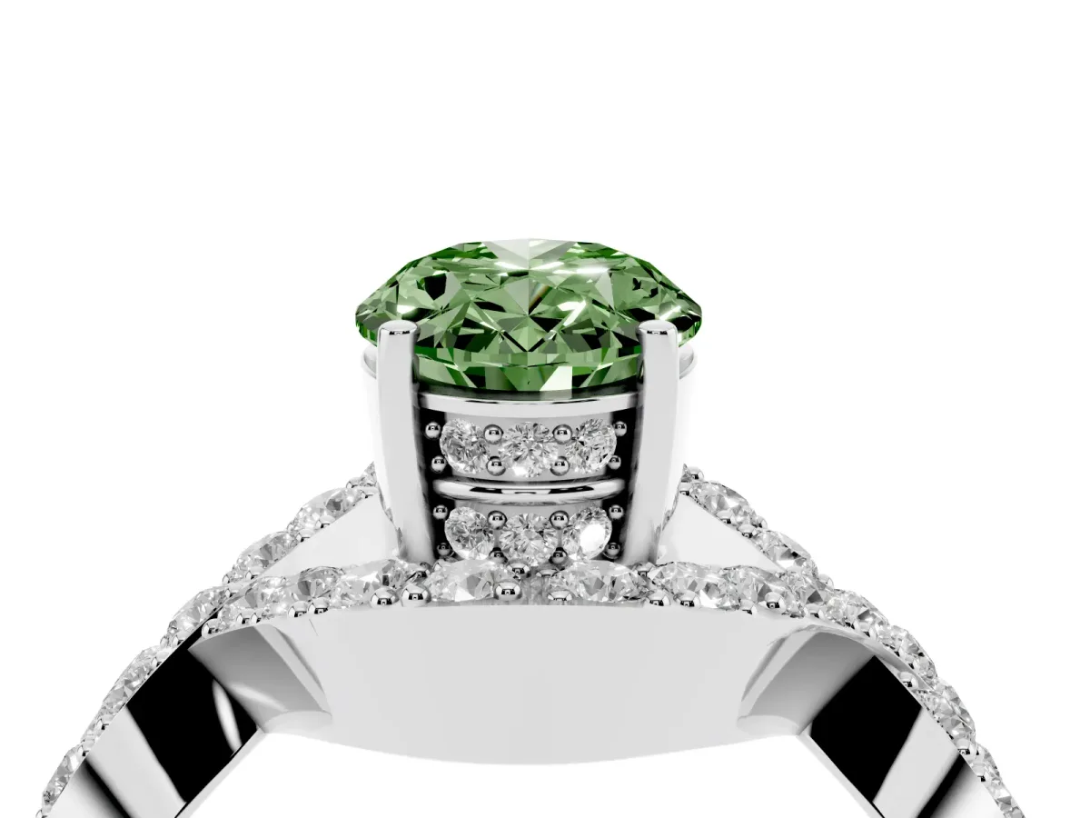 Fancy Green Oval Cut Solitaire Twist Band Pavé Diamond Engagement Ring Platinum