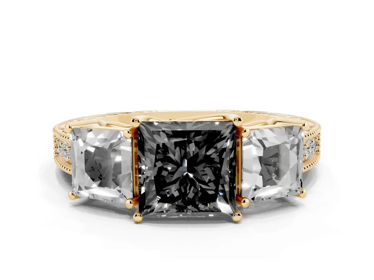 Fancy Black Three-Stone Princess Cut Cut Milgrain Pavé Engagement Ring Yellow gold