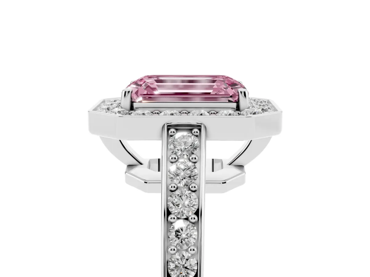 Fancy Pink Emerald Cut Halo Pavé Diamond Engagement Ring with Bezel Setting Silver