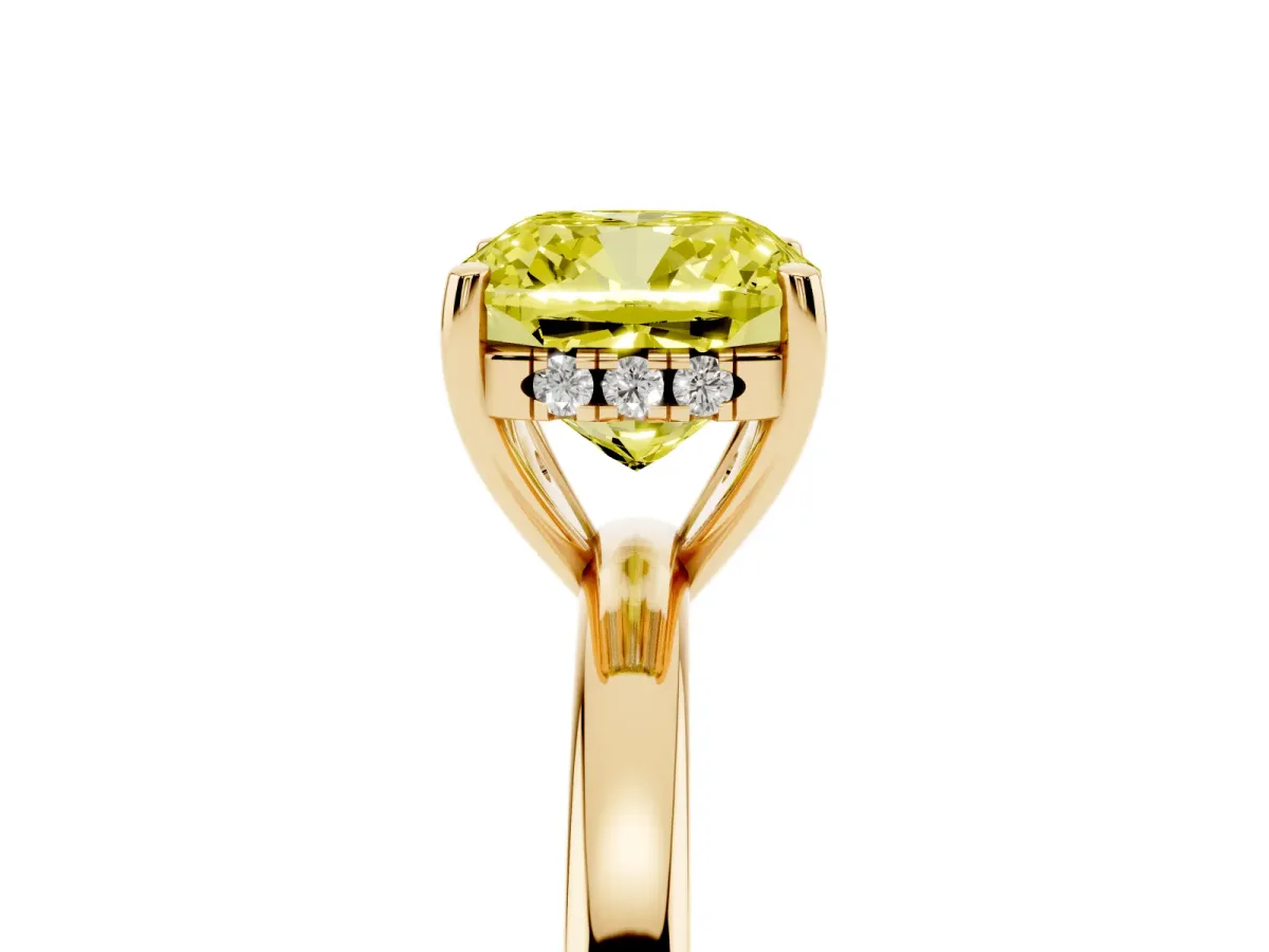 Fancy Yellow Cushion Cut Solitaire Diamond Ring with Prong Setting and Plain Band Yellow gold