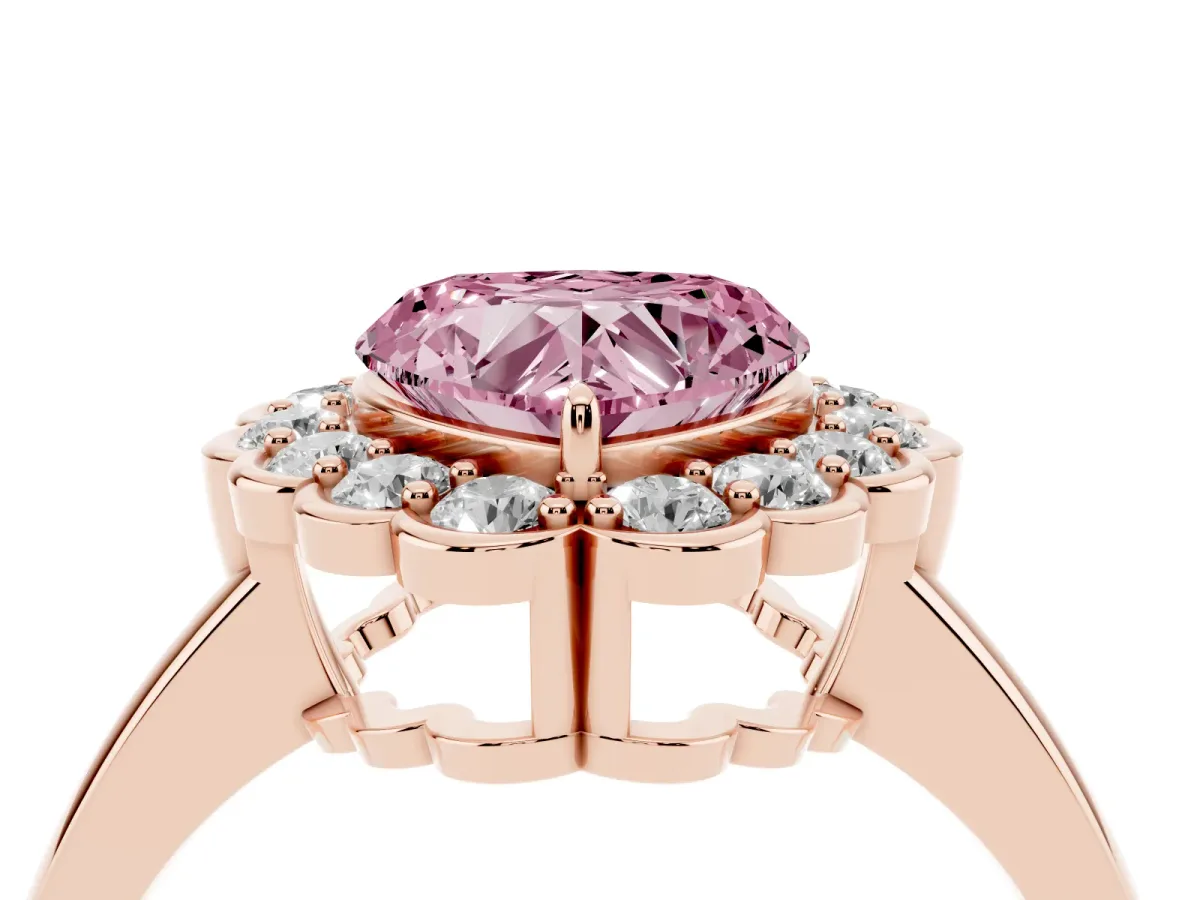 Fancy Pink Heart Cut Halo Cluster Diamond Engagement Ring with Solitaire Band and Prong Setting Rose gold