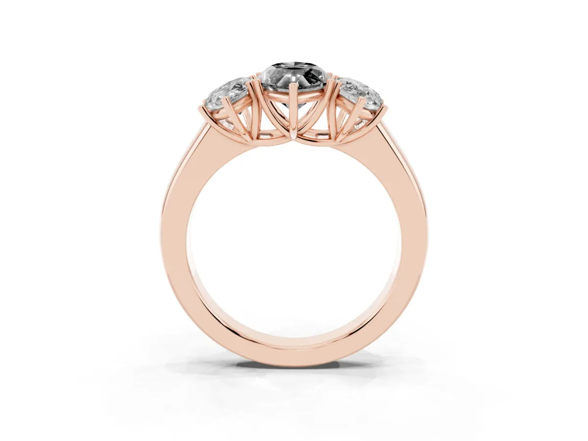 Fancy Black Three-Stone Marquise Cut Cut Diamond Ring with Prong Setting and Classic Band Rose gold