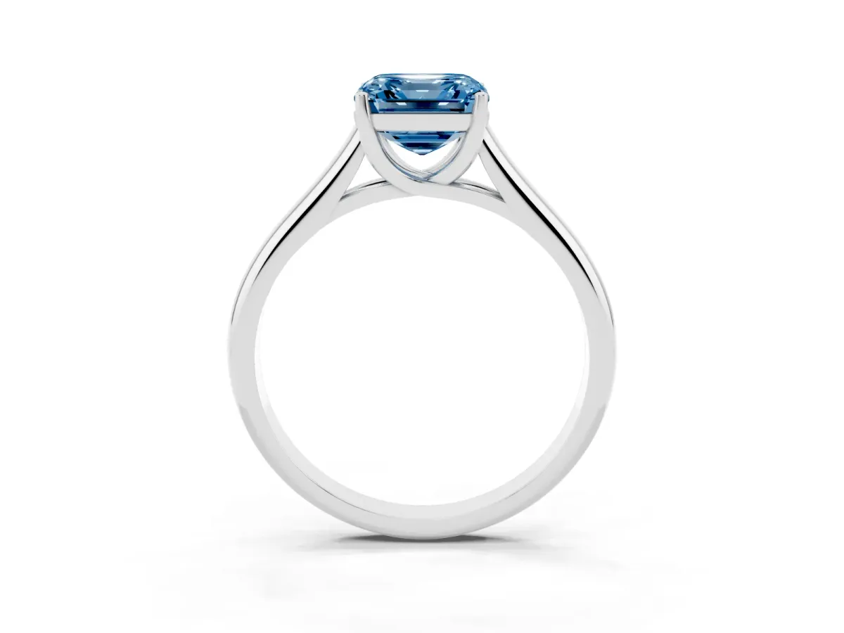 Fancy Blue Asscher Cut Solitaire Engagement Ring with Tapered Band and Four-Prong Setting Silver