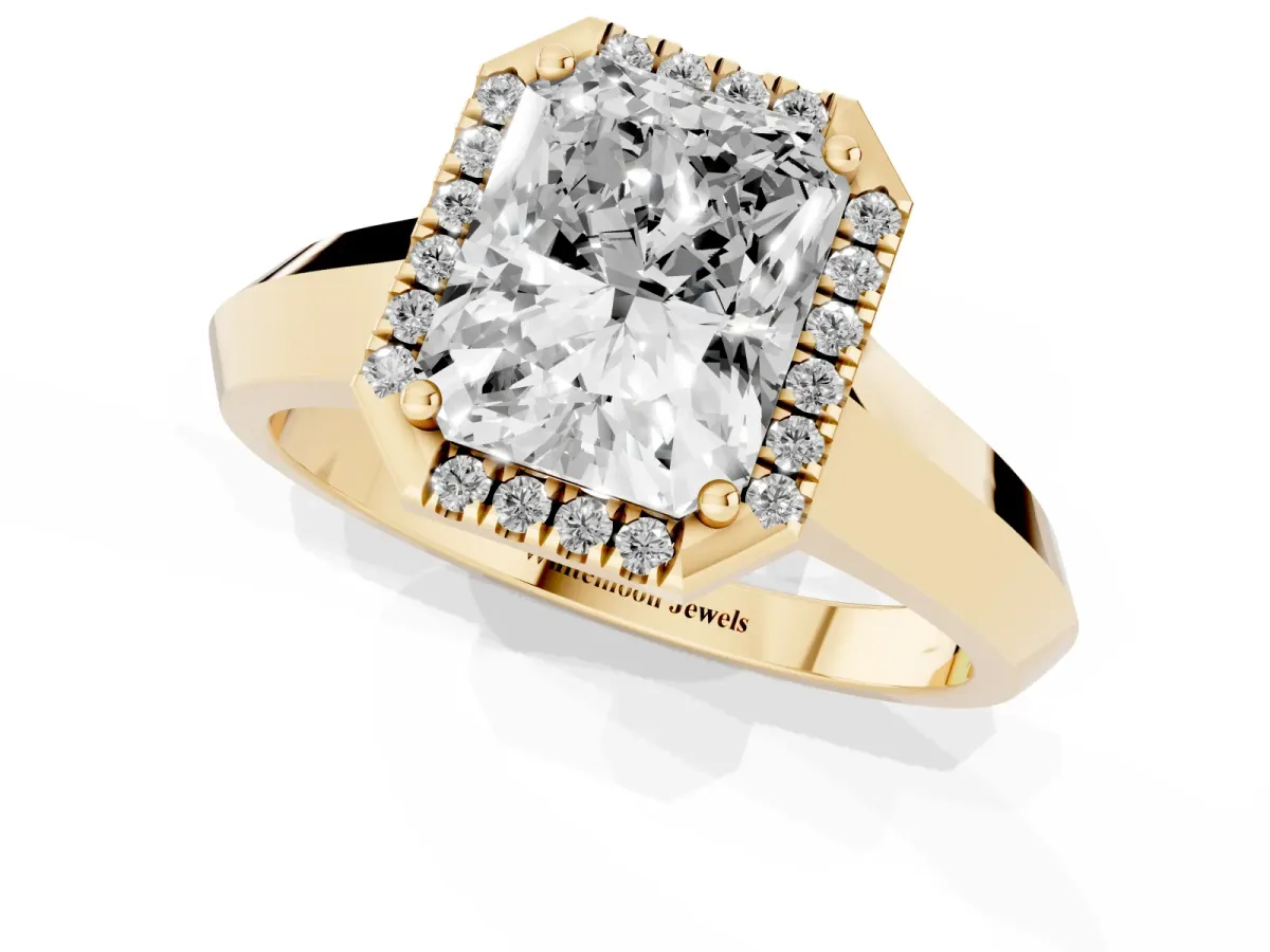 Radiant Cut Halo Diamond Ring with Cathedral Band and Four-Prong Setting Yellow gold