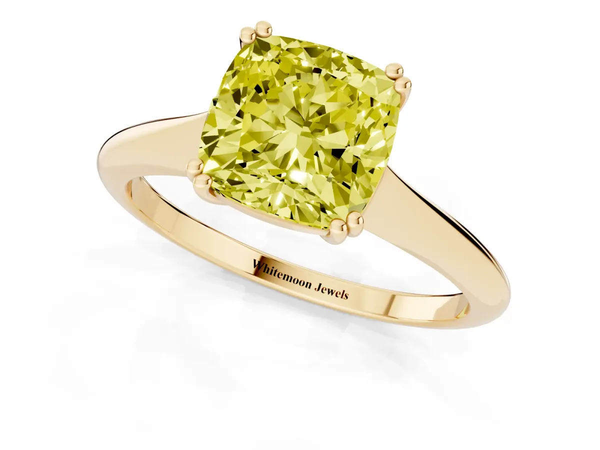 Fancy Yellow Cushion Cut Solitaire Diamond Ring with Six-Prong Setting and Classic Band Yellow gold