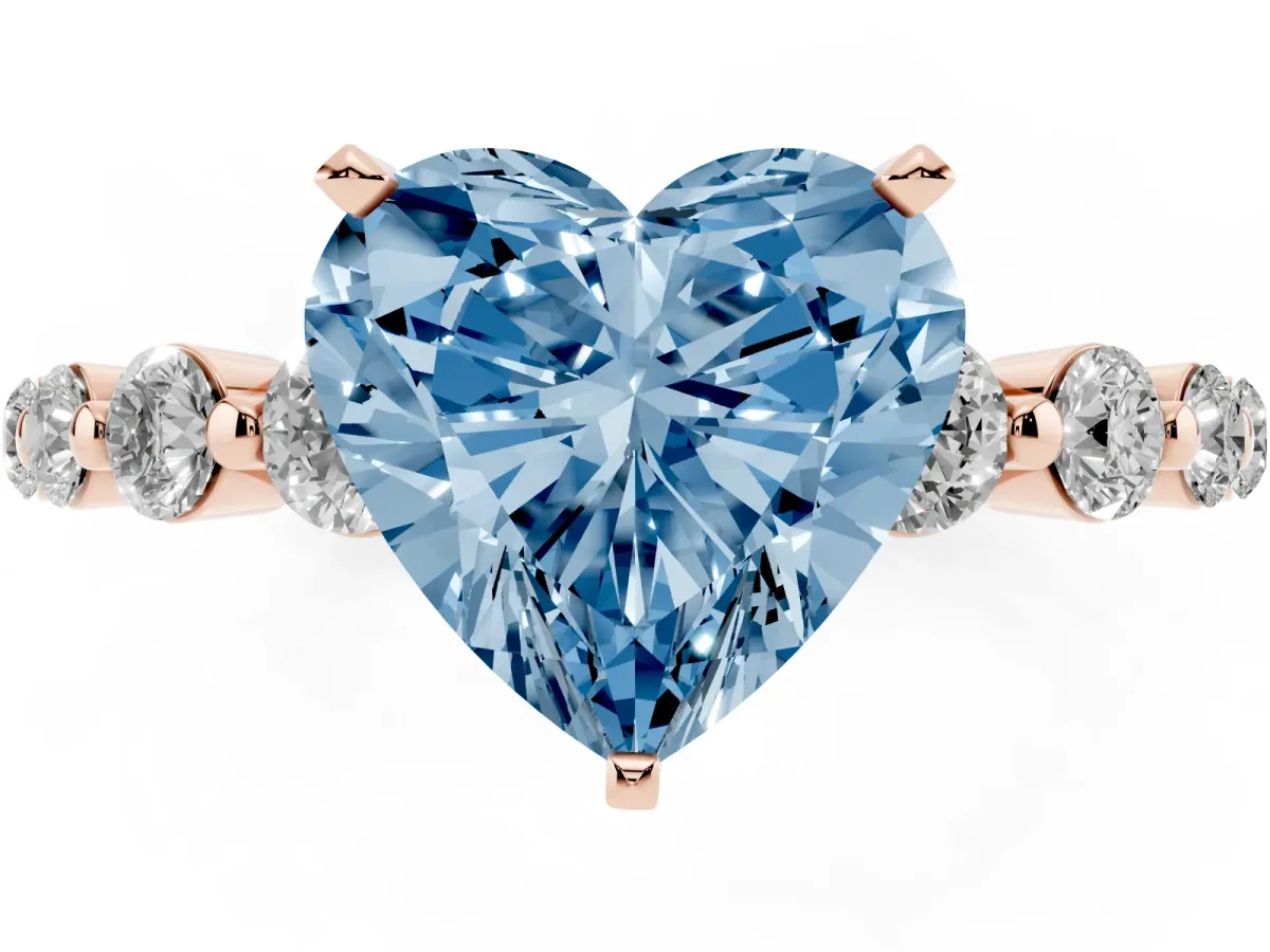 Fancy Blue Heart Cut Solitaire Diamond Ring with Pave Band and Four-Prong Setting Rose gold