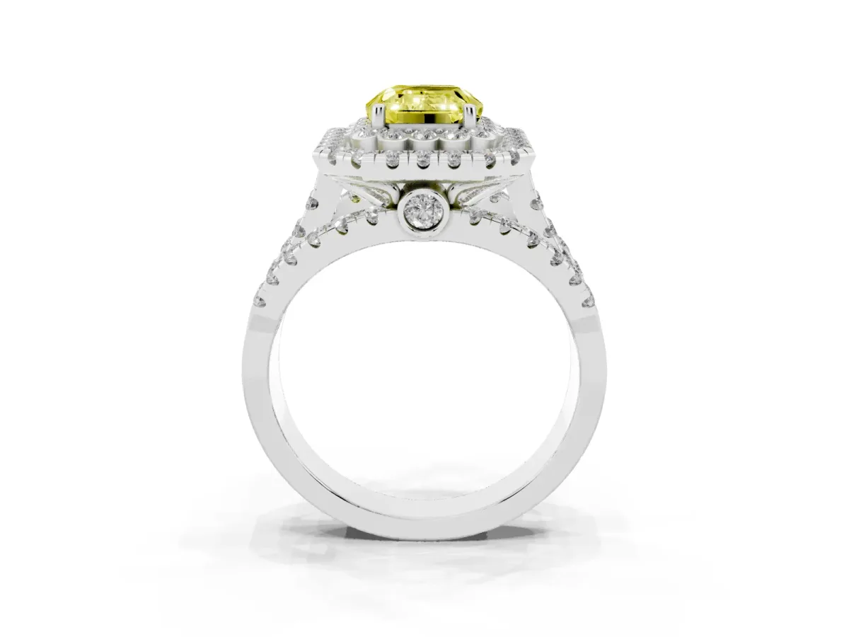 Fancy Yellow Emerald Cut Diamond Double Halo Ring with Round Pavé Split Shank and Prong Setting Silver