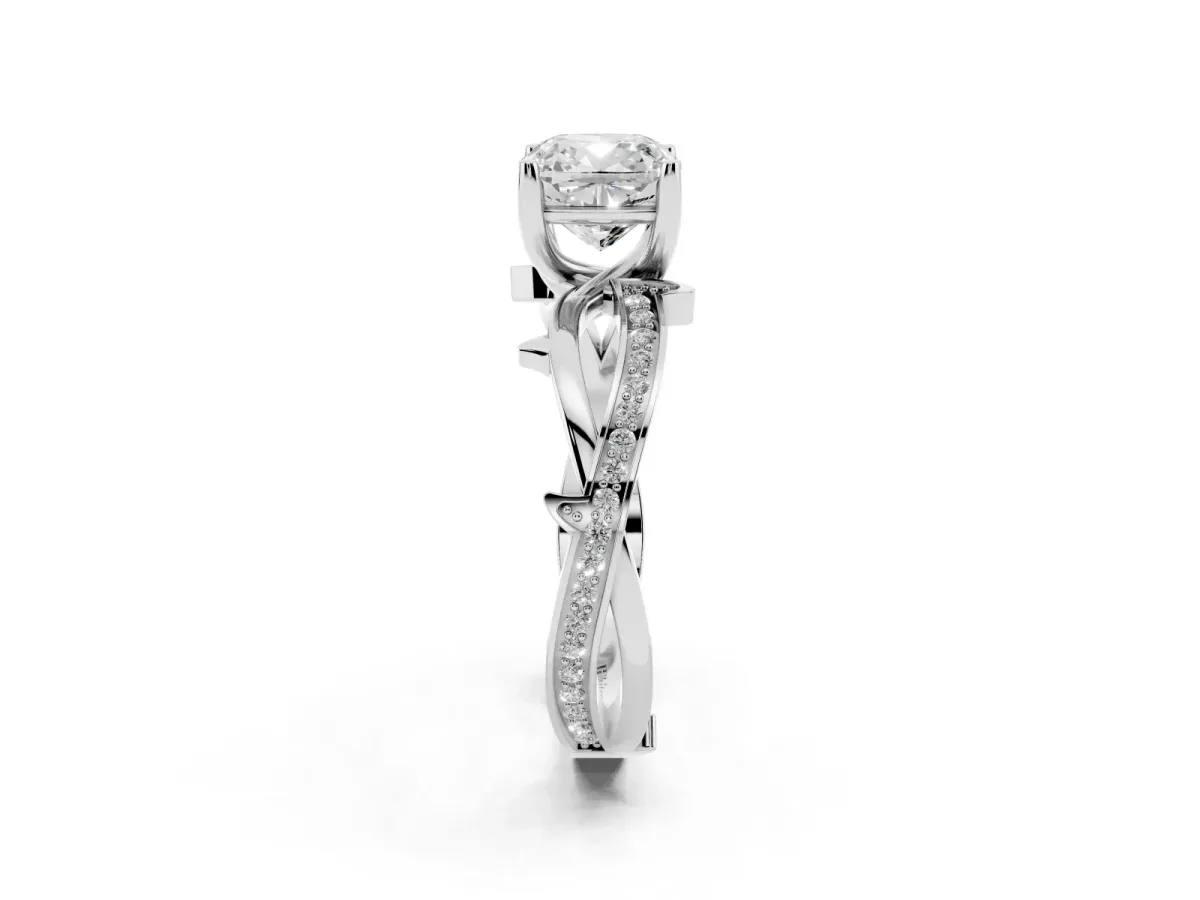 Cushion Cut Solitaire Twist Band with Pavé Accents and Four-Prong Setting White gold