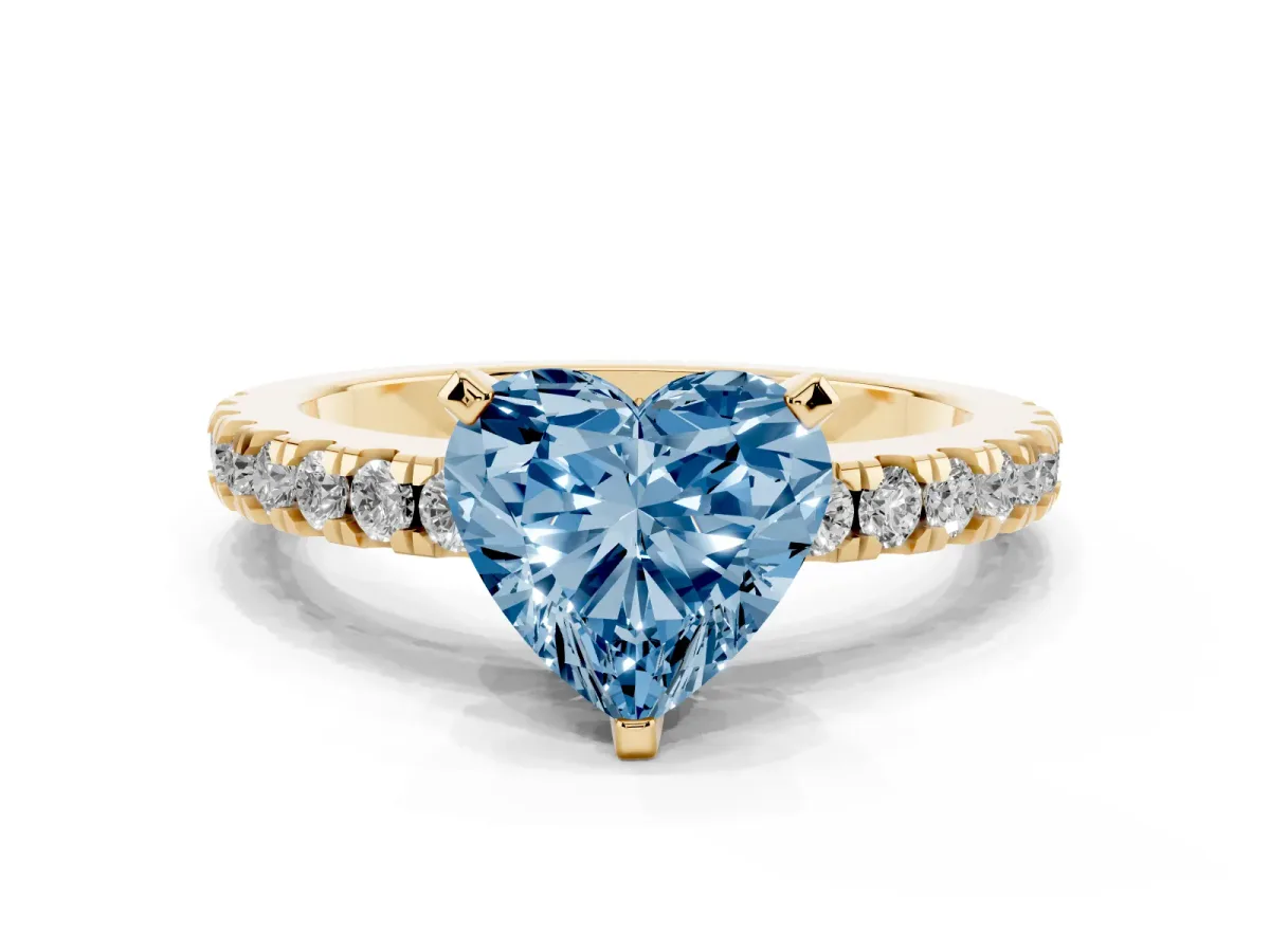 Fancy Blue Heart Cut Solitaire Diamond with Pavé Band and Four-Prong Setting Yellow gold