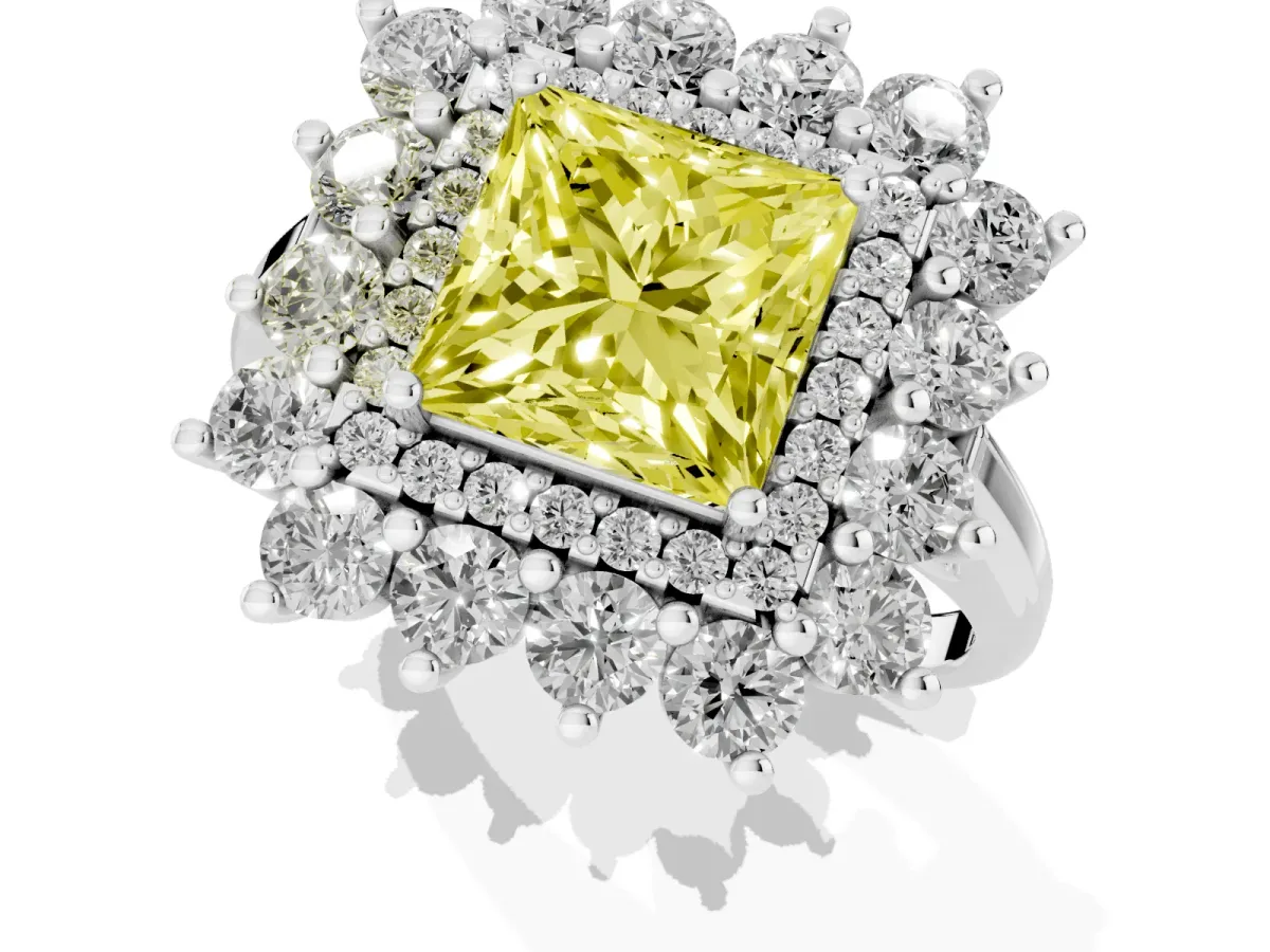 Fancy Yellow Princess Cut Diamond Floral Double Halo Engagement Ring with Prong Setting White gold