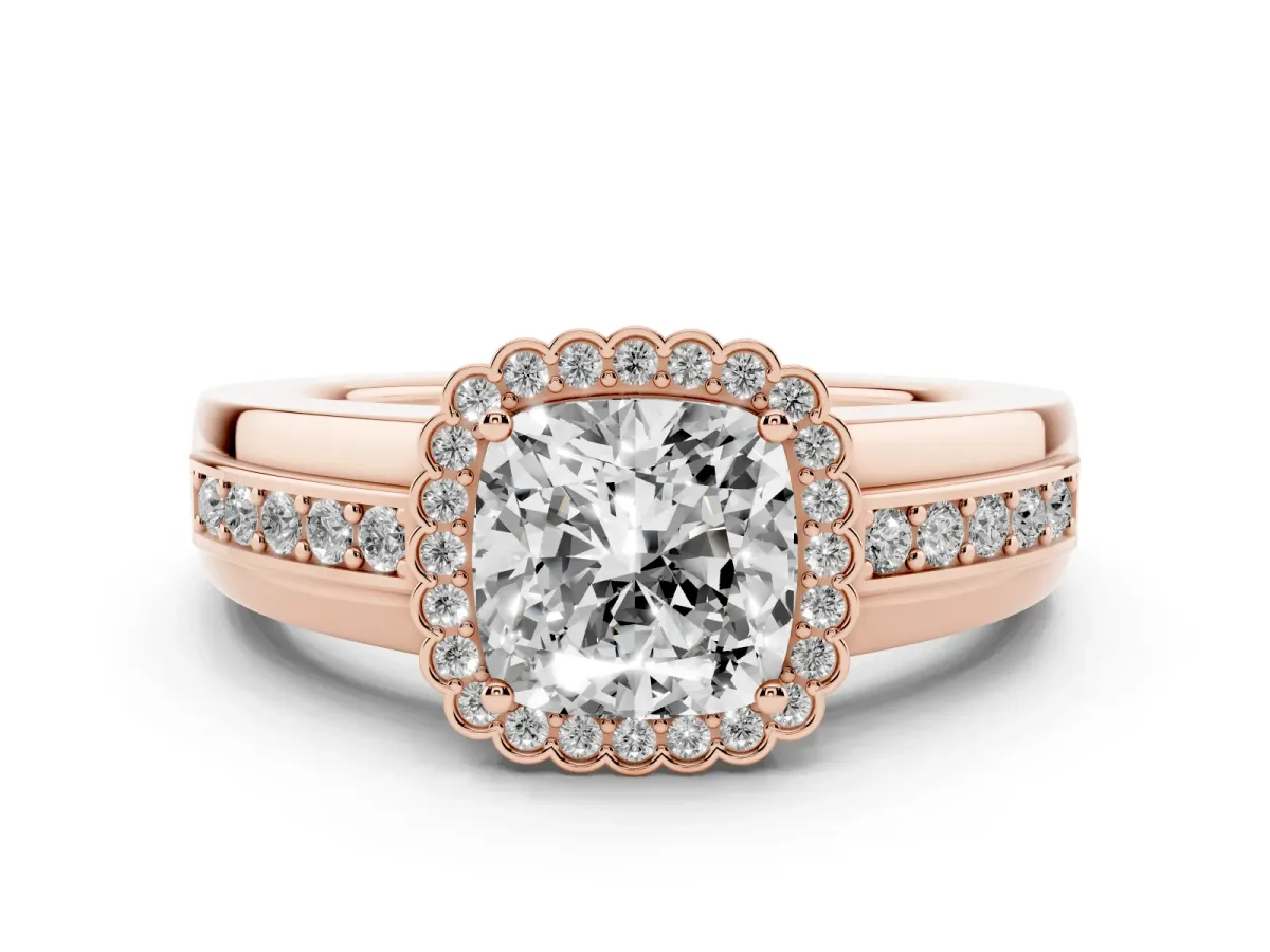 Cushion Cut Cut Halo Pave Band Four-Prong Ring Rose gold
