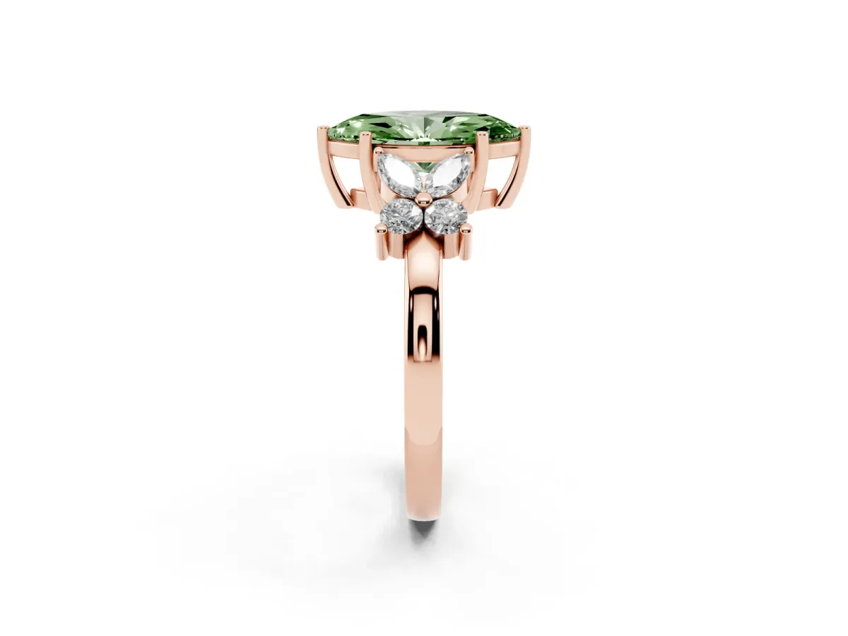 Fancy Green Marquise Cut Diamond Floral Cluster Ring with Solitaire Band and Prong Setting Rose gold