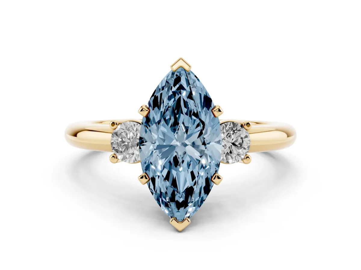 Fancy Blue Three-Stone Marquise Cut Cut Diamond Solitaire with Prong Setting and Classic Band Yellow gold