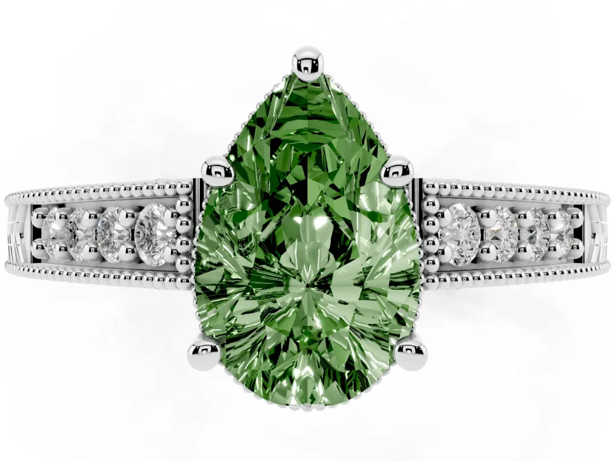 Fancy Green Pear Cut Solitaire Pavé Diamond Milgrain Engagement Ring with Four-Prong Setting Silver