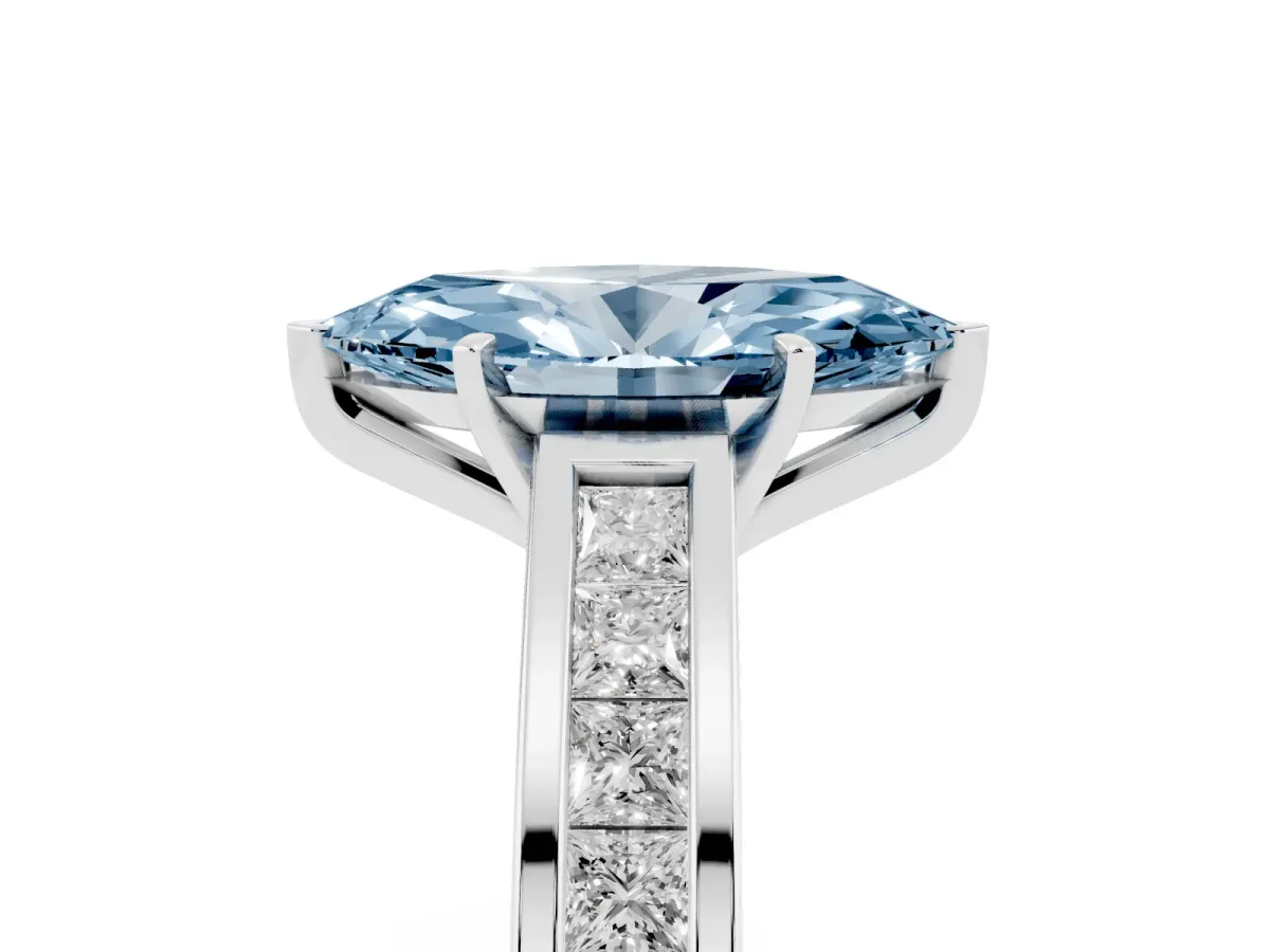 Fancy Blue Marquise Cut Solitaire Diamond Ring with Channel-Set Band and Four-Prong Setting Silver