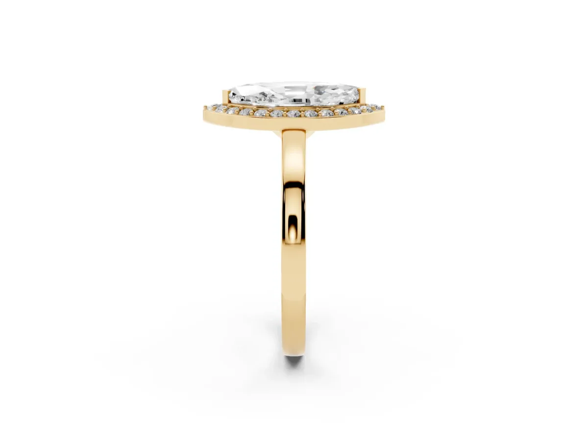 Marquise Cut Halo Diamond Ring with Solitaire Band and Prong Setting Yellow gold