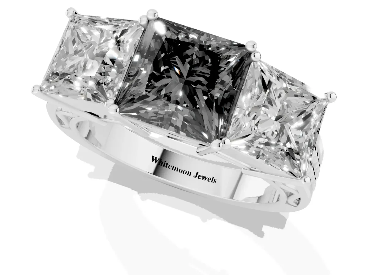 Fancy Black Princess Cut Diamond Three-Stone Ring with Prong Setting and Textured Band Silver