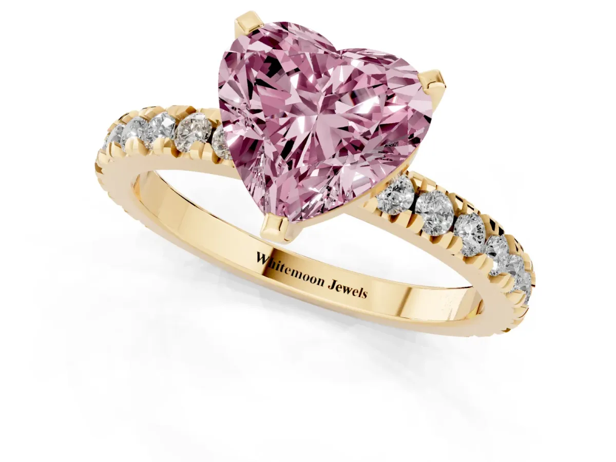 Fancy Pink Heart Cut Diamond Pavé Band Solitaire with Four-Prong Setting Yellow gold