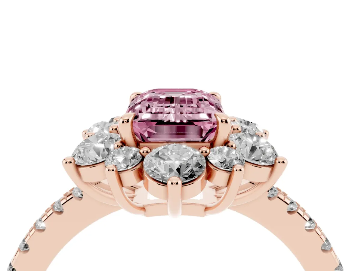 Fancy Pink Emerald Cut Diamond Floral Halo Ring with Round Pavé Band and Prong Setting Rose gold