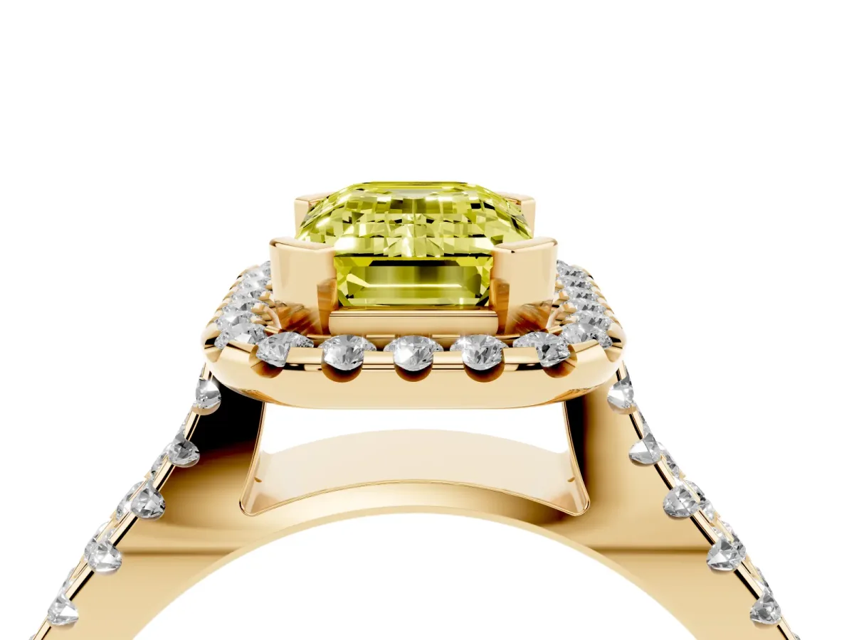 Fancy Yellow Emerald Cut Diamond Halo Ring with Split Shank Pavé Band and Prong Setting Yellow gold