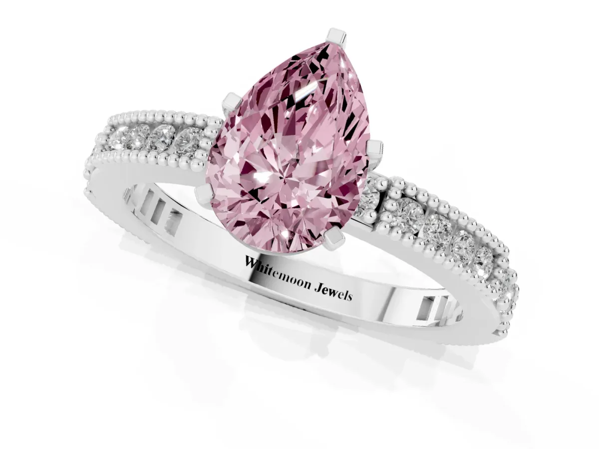 Fancy Pink Pear Cut Solitaire with Pavé Band and Four-Prong Setting Platinum