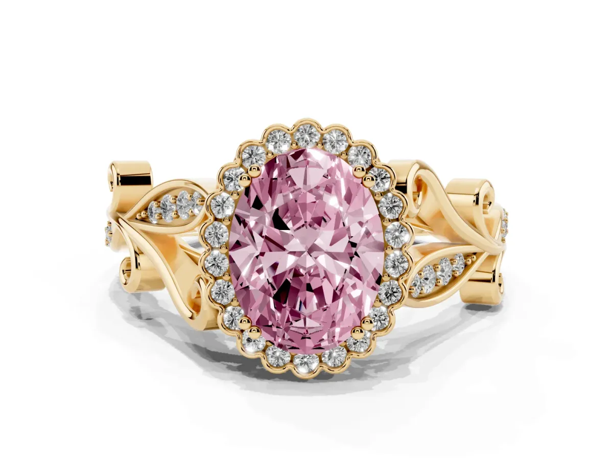 Fancy Pink Oval Cut Diamond Halo Ring with Vintage Split Shank and Four-Prong Setting Yellow gold