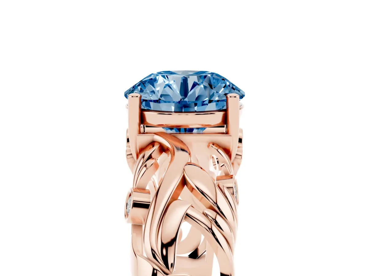 Fancy Blue Round Cut Solitaire Diamond Leaf-Inspired Vine Band Ring with Prong Setting Rose gold