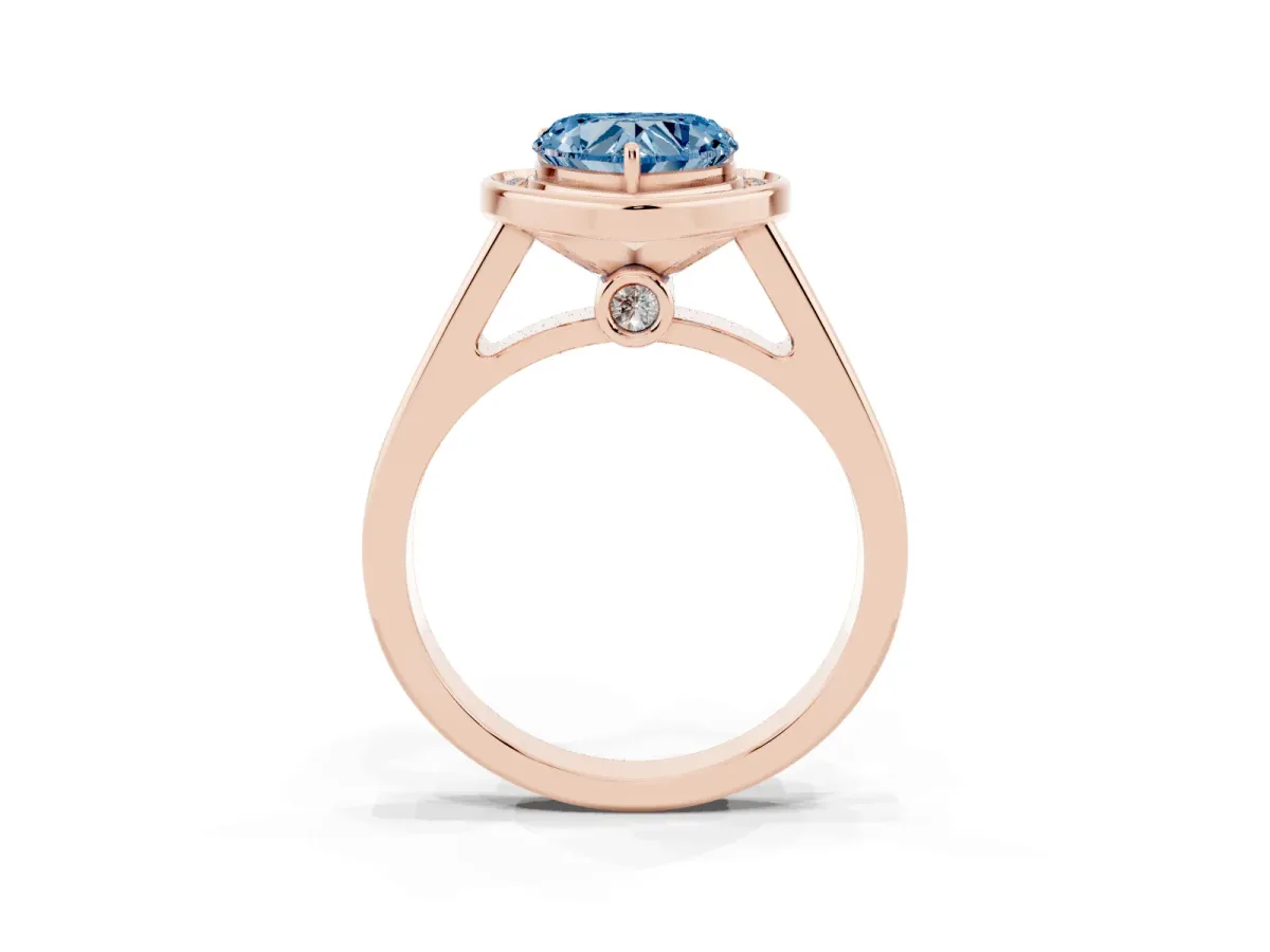 Fancy Blue Heart Cut Halo Solitaire Diamond Ring with Pave Band and Bezel Setting Rose gold