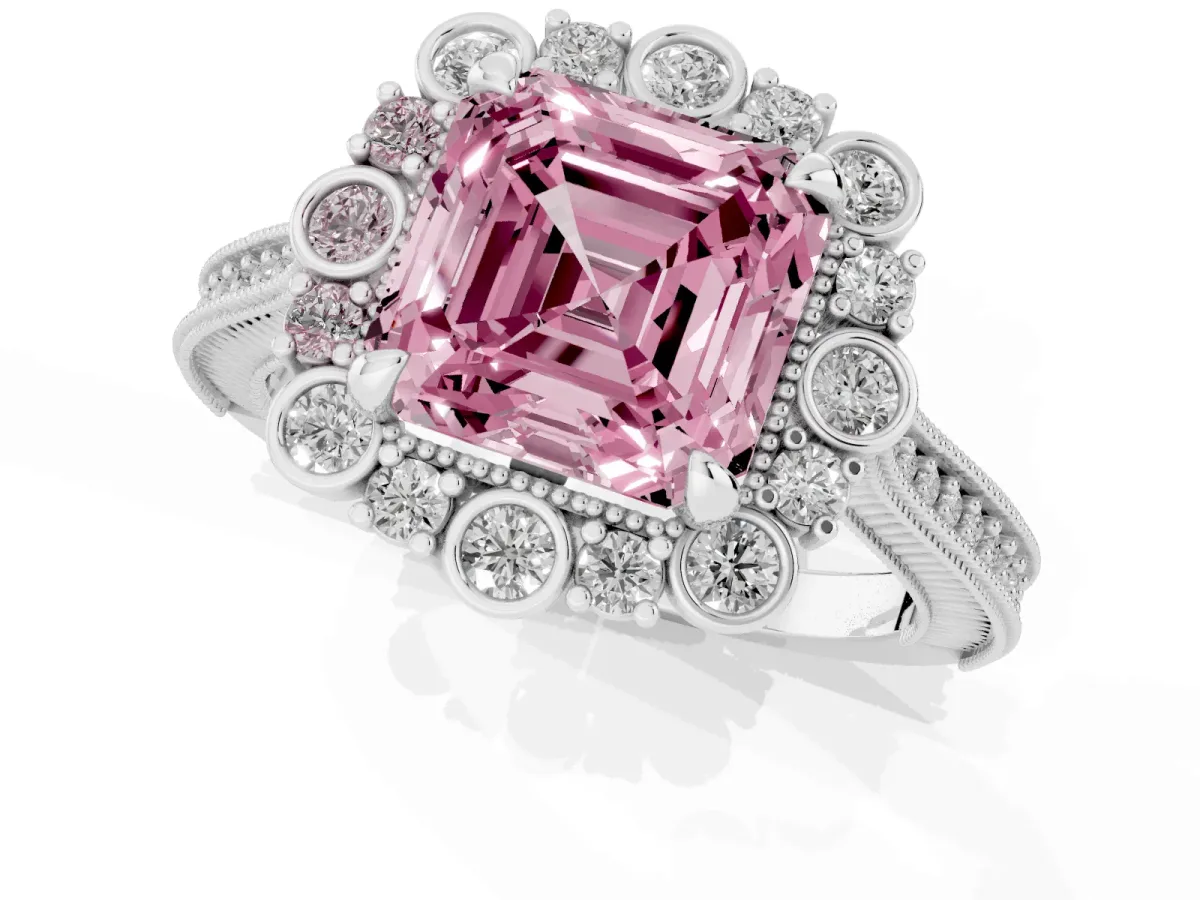 Fancy Pink Asscher Cut Halo Milgrain Pave Diamond Ring with Four-Prong Setting White gold