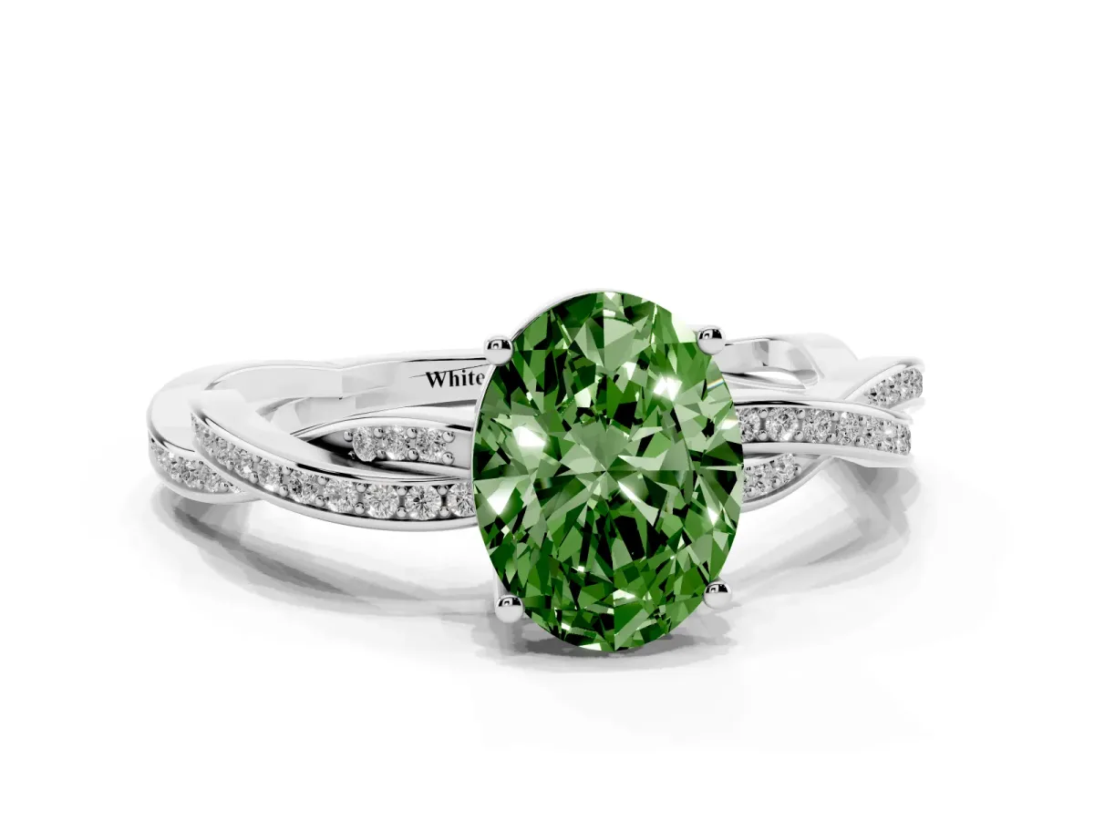 Fancy Green Oval Cut Solitaire Twisted Pave Diamond Ring with Four-Prong Setting Silver