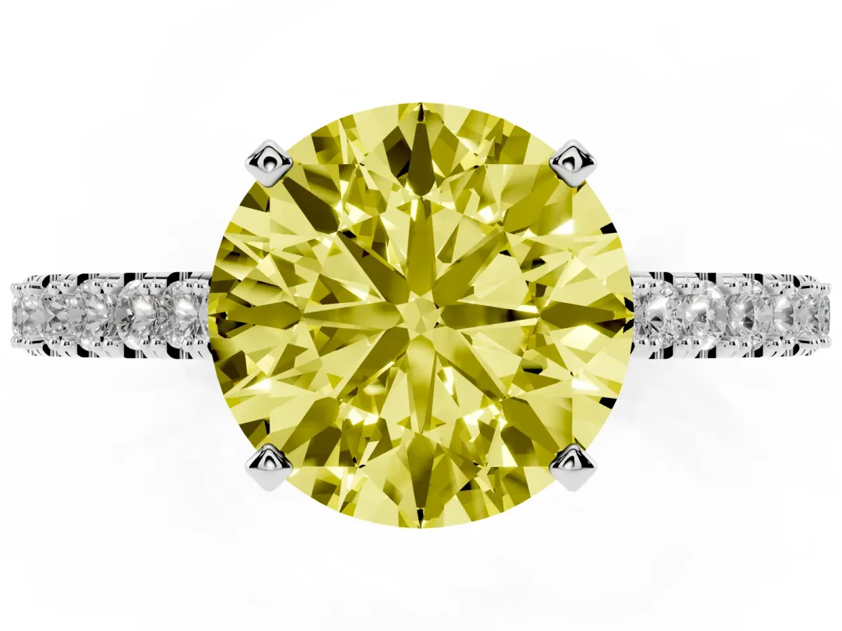 Fancy Yellow Round Cut Cut Solitaire Diamond Engagement Ring with Pave Band and Four-Prong Setting Platinum