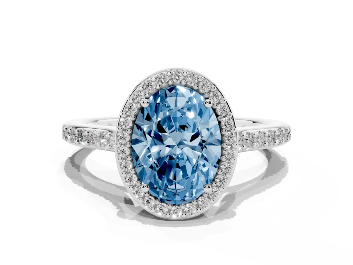 Fancy Blue Oval Cut Diamond Halo Engagement Ring with Round Pavé Shoulders and Prong Setting Platinum
