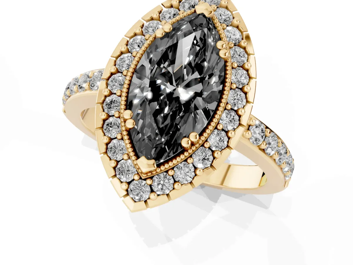 Fancy Black Marquise Cut Diamond Halo Ring with Pavé Band and Prong Setting Yellow gold