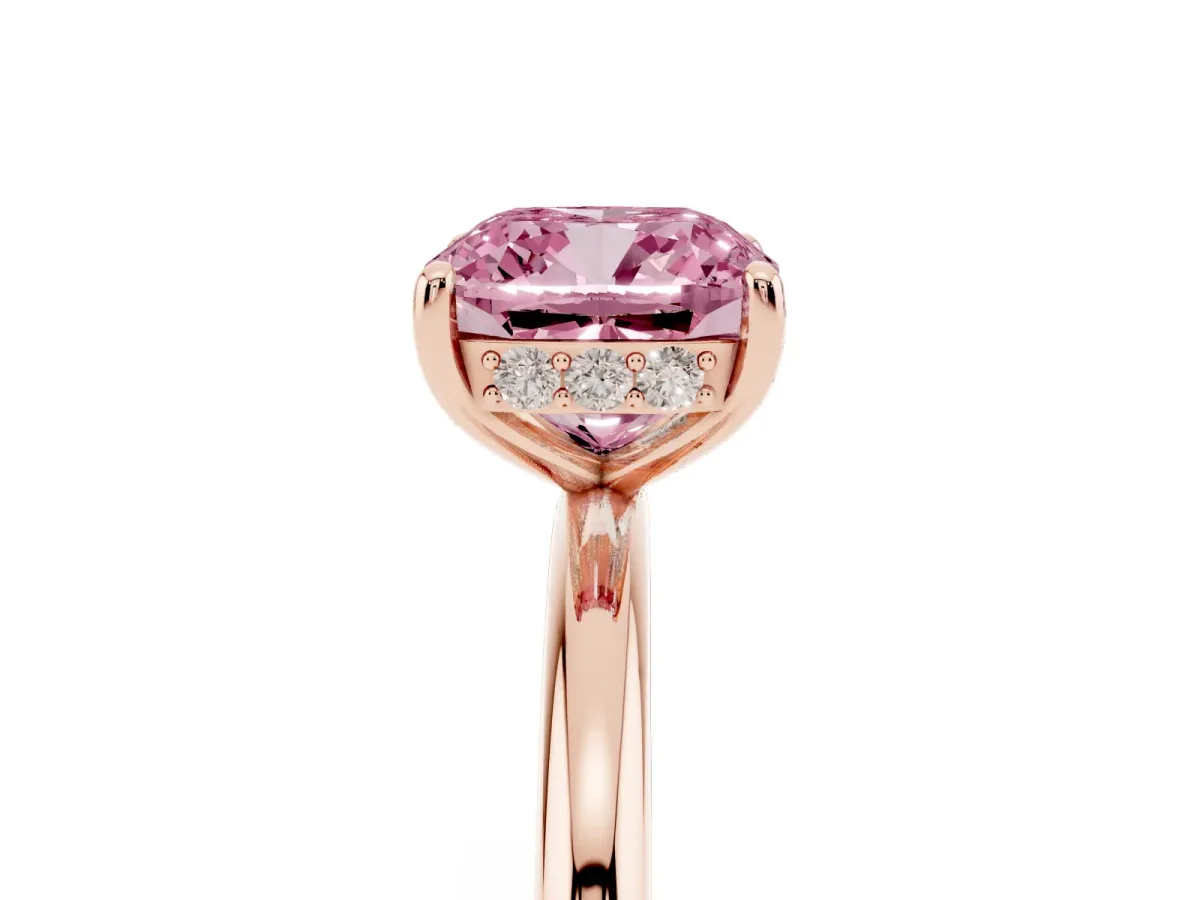 Fancy Pink Cushion Cut Solitaire Diamond Ring with a Classic Band and Four-Prong Setting Rose gold