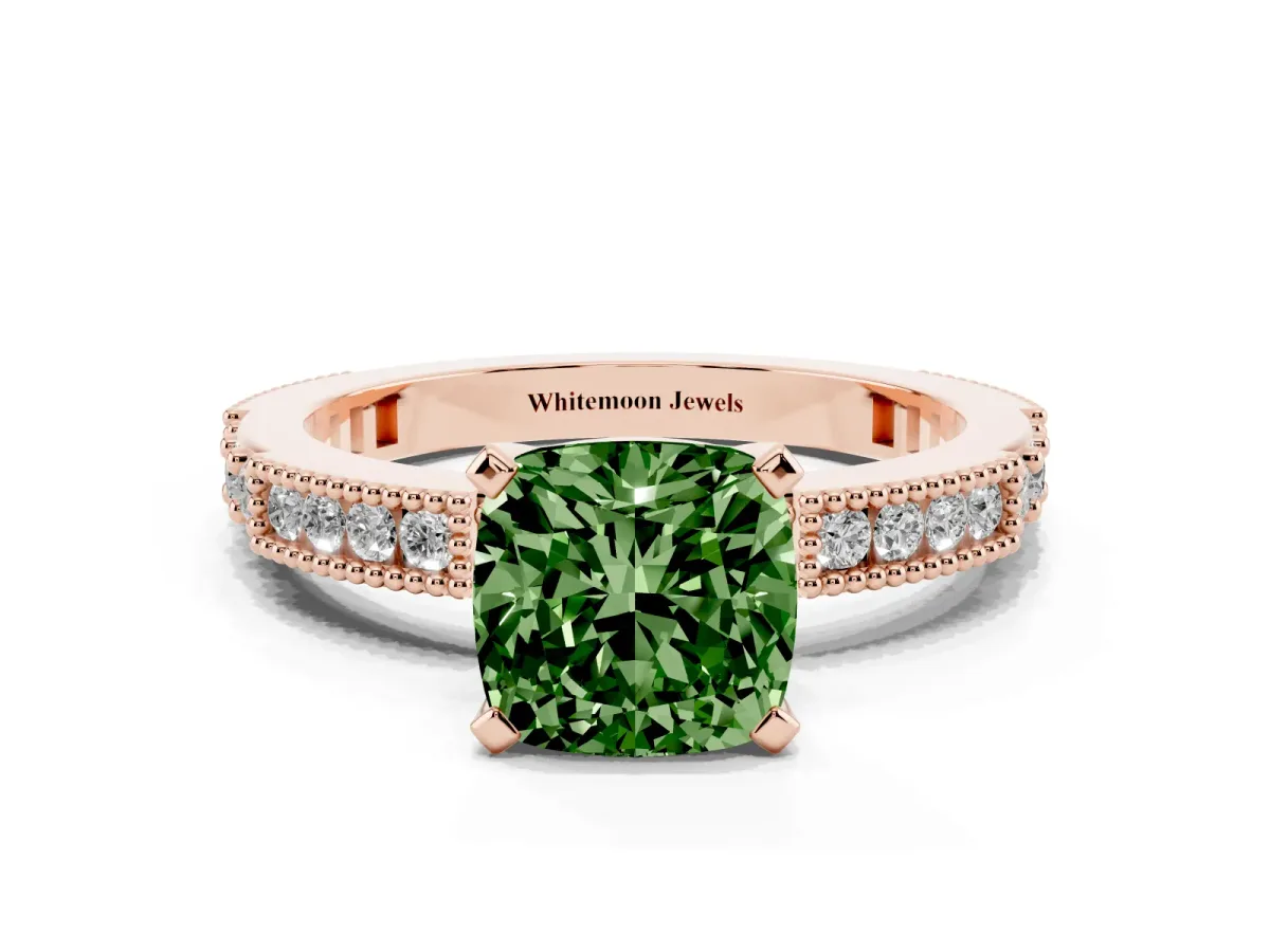 Fancy Green Cushion Cut Solitaire with Pavé Band and Four-Prong Setting Rose gold