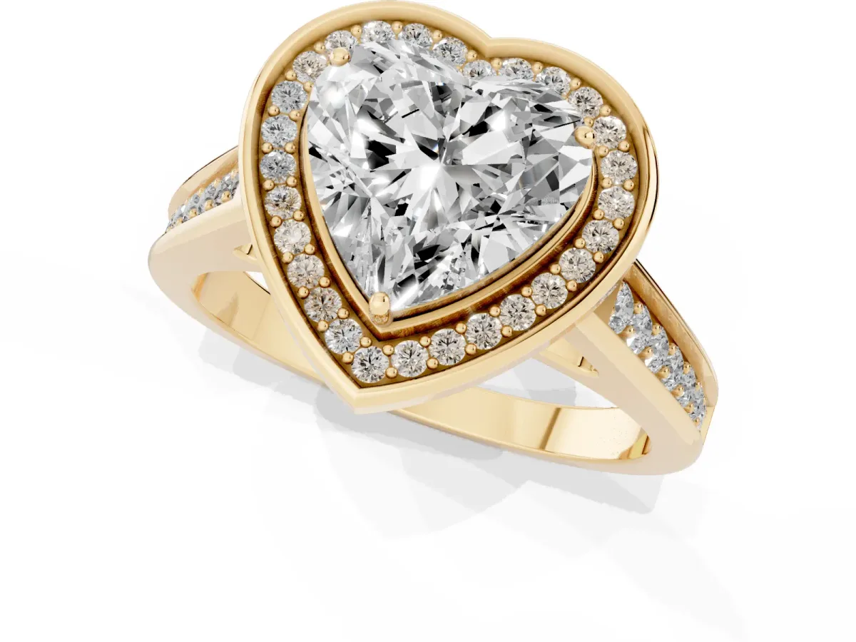 Heart Cut Halo Solitaire Diamond Ring with Pave Band and Bezel Setting Yellow gold