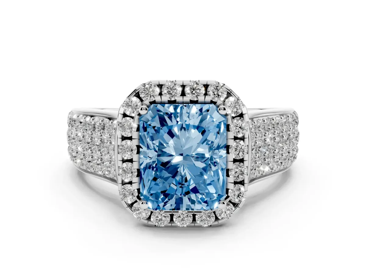 Fancy Blue Radiant Cut Halo Round Diamond Pave Band with Prong Setting Silver