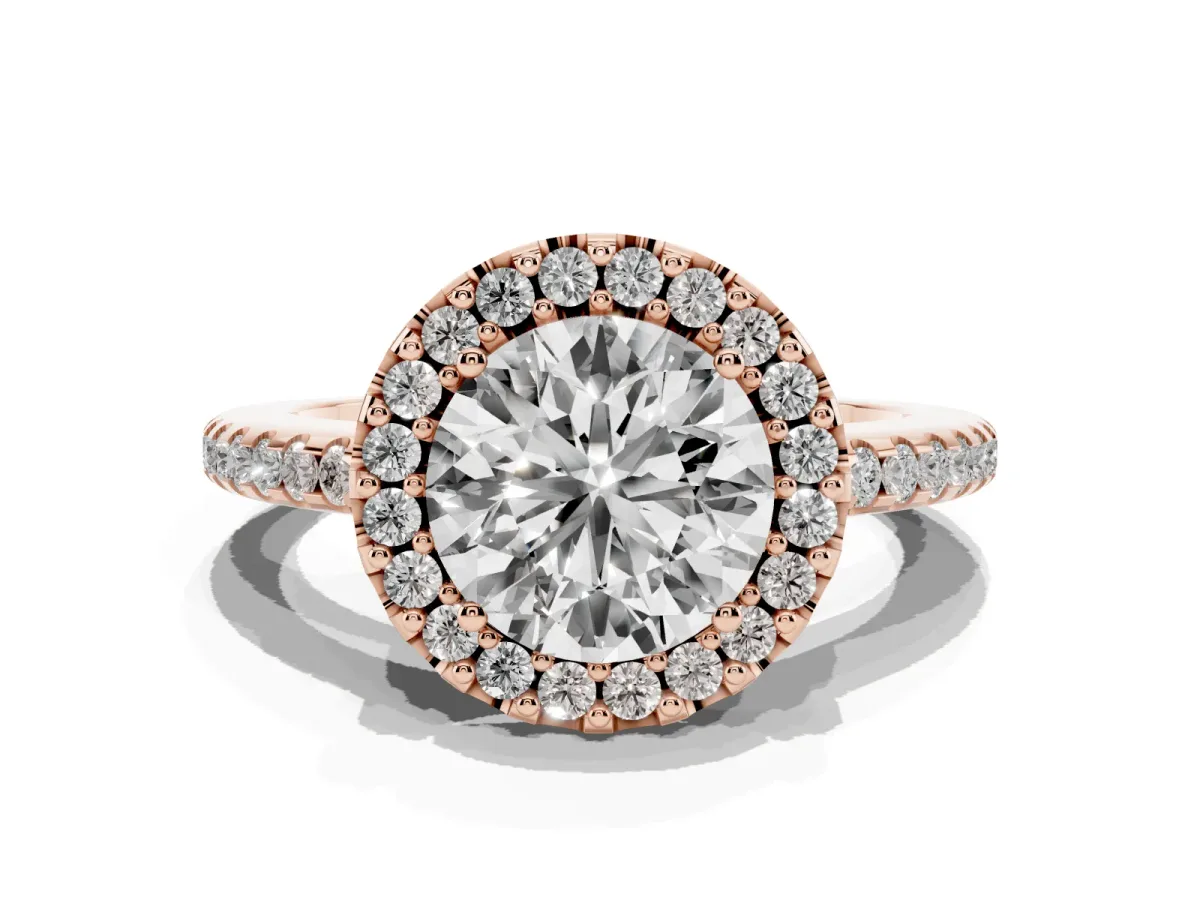 Round Cut Diamond Pavé Halo Ring with Four-Prong Setting Rose gold