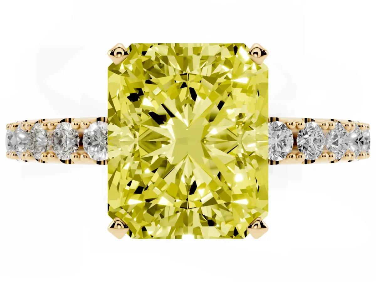 Fancy Yellow Radiant Cut Diamond Solitaire Pavé Band with Four-Prong Setting Yellow gold