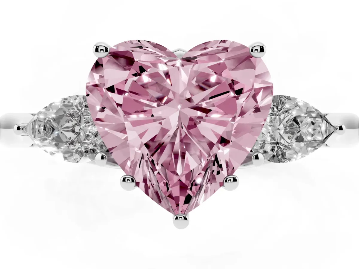 Fancy Pink Heart Cut Diamond Three-Stone Ring with Pear Side Stones and Prong Setting Silver