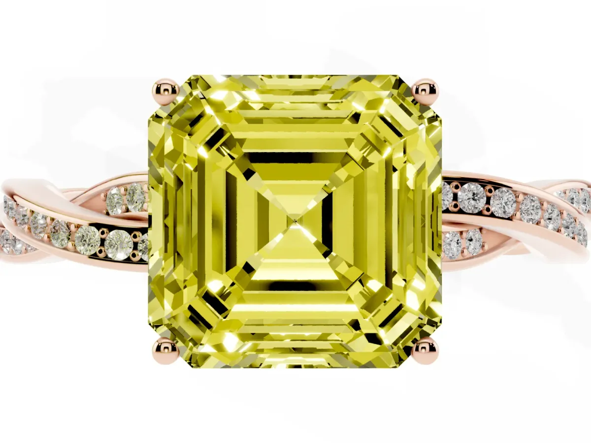 Fancy Yellow Asscher Cut Solitaire Twisted Pave Diamond Ring with Four-Prong Setting Rose gold