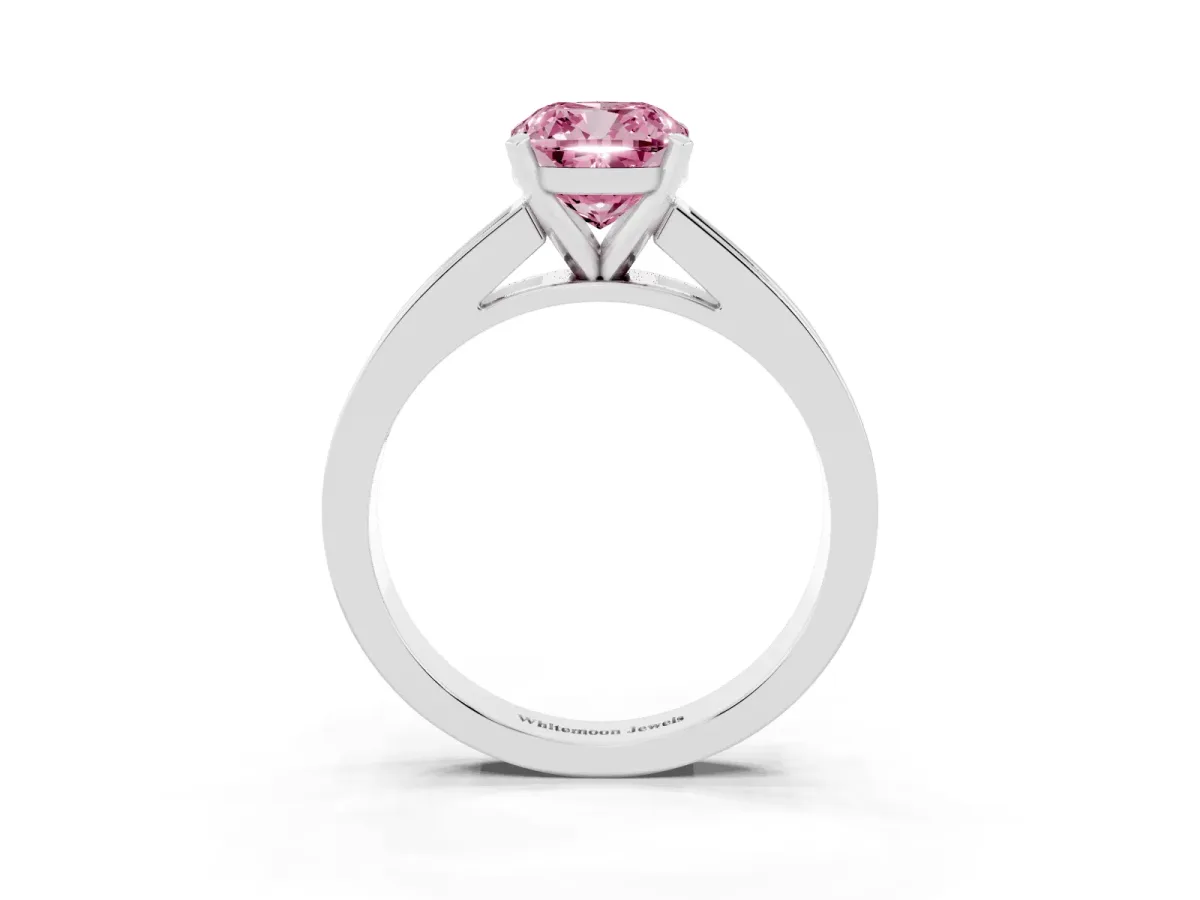 Fancy Pink Cushion Cut Solitaire Diamond Ring with Channel-Set Band and Four-Prong Setting Silver