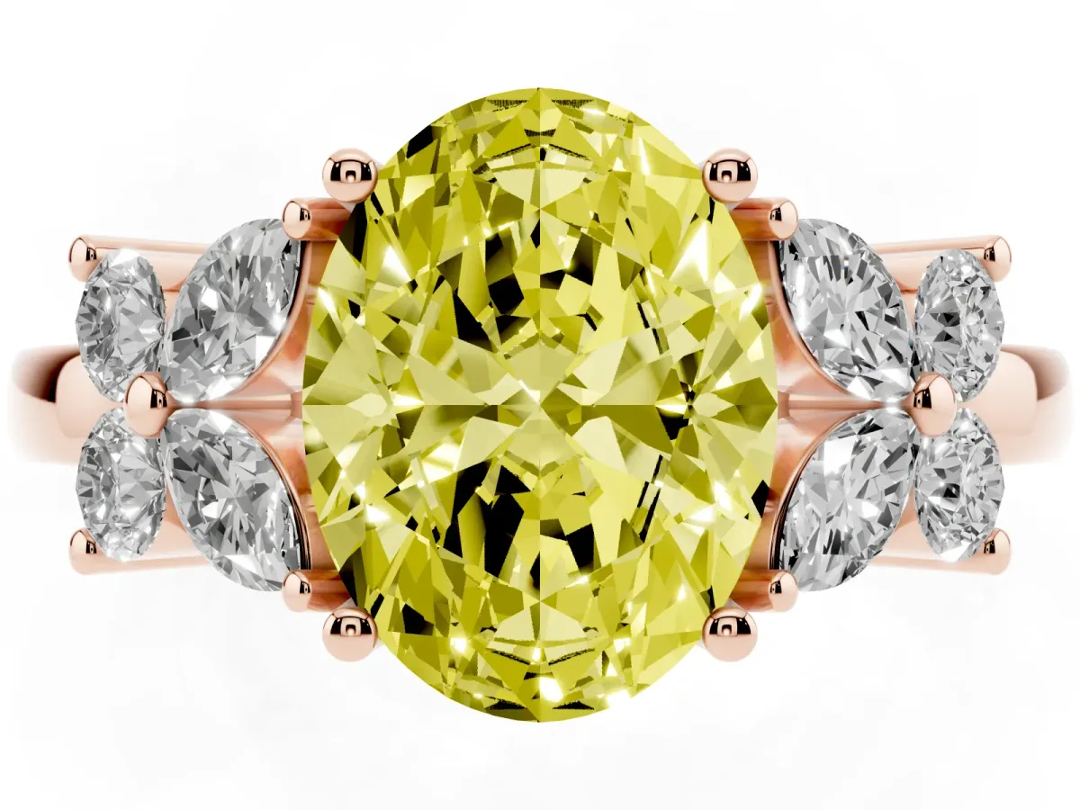 Fancy Yellow Oval Cut Diamond Floral Cluster Ring with Solitaire Band and Prong Setting Rose gold