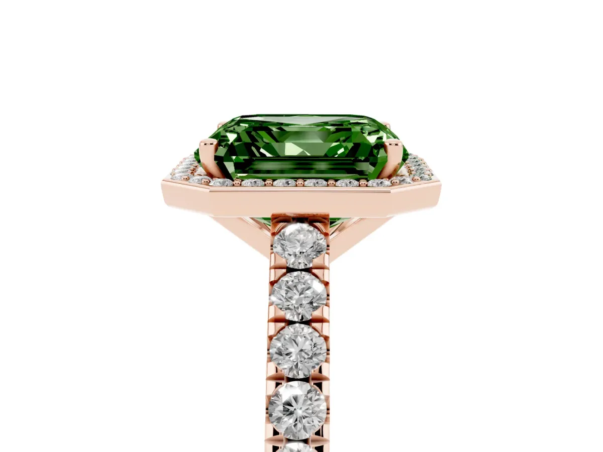 Fancy Green Asscher Cut Cut Halo Diamond Engagement Ring with Pave Band and Four-Prong Setting Rose gold