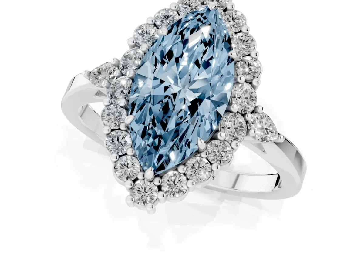 Fancy Blue Marquise Cut Diamond Halo Ring with Pear Side Stones and Prong Setting Silver