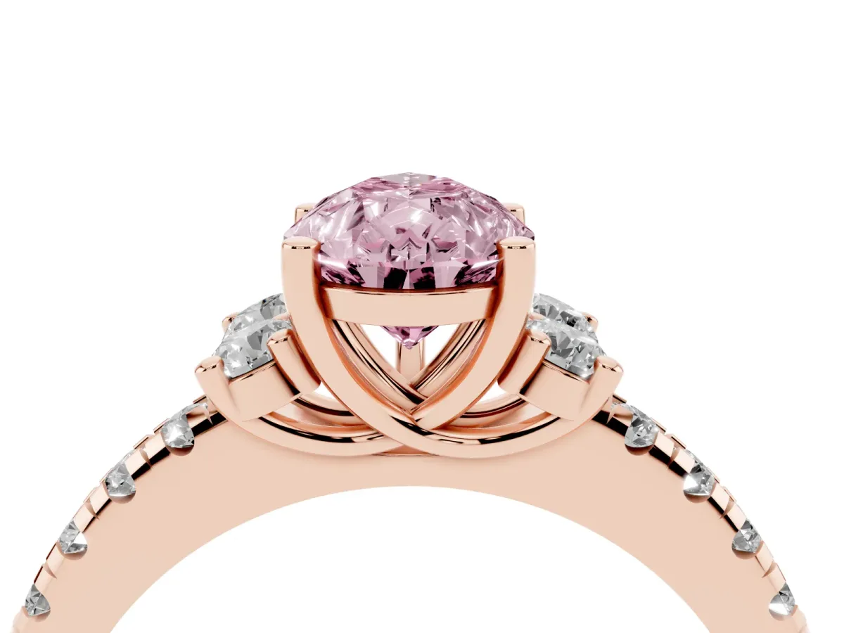 Fancy Pink Pear Cut Diamond Three-Stone Pave Band with Four-Prong Setting Rose gold